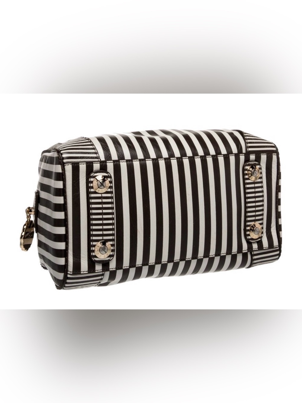 Henri Bendel Leather Striped Dome Satchel with Red Handles - Picture 4 of 5